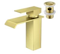 CREA Robinet Cascade Lavabo, Mitigeur Salle de Bain avec Bonde de Lavabo Pop-up, Moderne Mitigeur Lavabo Cascade, Robinet Salle de Bain avec Bec Grand,or