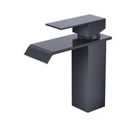 CREA Robinet Cascade Lavabo Noir, Mitigeur Salle de Bain avec Bonde de Lavabo Pop-up, Moderne Mitigeur Lavabo Cascade, Robinet Salle de Bain avec Bec Grand, Noir Mat