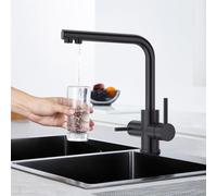 CREA Robinet de Cuisine 3 voies, Robinet d'évier rotatif à 360 °,Mitigeur 3 Voies Cuisine Avec 2 Leviers,3 en 1 Robinet Évier De Cuisine Avec Sortie Eau Filtrée,Noir Mat