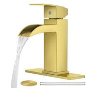CREA Robinet de salle de bain cascade doré brossé 1 trou poignée unique robinet d'évier de salle de bain avec drain pop-up en acier inoxydable robinet mitigeur de lavabo ligne d'alimentation en eau