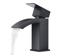 CREA Robinet Lavabo Cascade,Mitigeur Salle de Bain avec Bonde de Lavabo Pop-up, Moderne Mitigeur Lavabo Cascade, Robinet Salle de Bain avec Bec Grand, Noir Mat