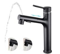 CREA Robinet pour lavabo à poser de Robinet Salle Bain Haut, Mélangeur Chaud et Froid Mitigeur de Lavabo à Tirage avec Levier Unique, Laiton Chrome Noir, Pomme de Douche extensible