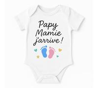 Créa03 Body/bodie blanc 100% coton 'Mamie papy j'arrive 1 mois, idée cadeau, annonce, grossesse, bébé, grand parent