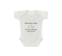 Créa03 Body/bodie blanc 100% coton Marraine+Moi, 1 mois idée-cadeau-annonce-naissance-noël-anniversaire-baptême
