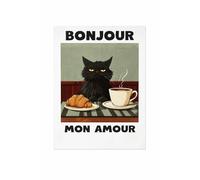 Créa03 Toile Imprimée Chat Noir, Bonjour Mon Amour, vert, 30x40 cm, Décoration Murale Style Vintage Français, idée cadeau noel, anniversaire, surprise, secret santa