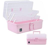 Creahaus Boîte de rangement de 33 cm avec 3 couches, boîte à outils multifonctionnelle en plastique avec poignée pour couture, maquillage, médicaments, ongles (Rose)