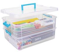 Creahaus Boîte de rangement en plastique à 2 couches avec couvercles, boîte transparente polyvalente à empiler et à transporter, organisateur de travaux manuels portable et boîte de rangement (Bleu)