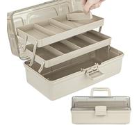 Creahaus Boîte de rangement multifonction 3 couches avec compartiments, 35,6 cm, organisateur d'accessoires pour artisanat, outils, médicaments et cheveux, boîte à coudre avec 2 plateaux (marron)