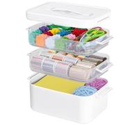 Creahaus Boîte de rangement multifonction à 3 couches avec 2 plateaux amovibles, boîte de rangement empilable avec couvercles et poignée, boîte à médicaments portable pour organiser les outils, la