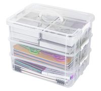 Creahaus Boîtes de rangement empilables en plastique à 3 couches avec couvercle et poignée de transport, boîtes de rangement polyvalentes et portables transparentes pour organiser les travaux manuels