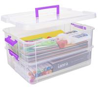 Creahaus Boîtes de rangement en plastique à 2 couches avec couvercles, boîte de transport et empilage transparentes, organiseurs portables et bac de rangement pour organiser les travaux manuels, la