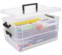 Creahaus Boîtes de rangement en plastique à 2 couches avec couvercles, boîte de transport et empilage transparentes, organiseurs portables et bac de rangement pour organiser les travaux manuels, la