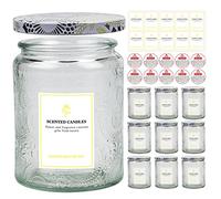 Creahaus Lot de 9 pots à bougies en relief de 250 ml pour la fabrication de bougies, récipients vides en verre avec couvercles en étain et étiquette autocollante, étiquette d'avertissement pour la