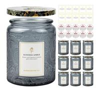 Creahaus Lot de 9 pots à bougies en relief de 250 ml pour la fabrication de bougies, récipients vides en verre avec couvercles en étain et étiquette autocollante, étiquette d'avertissement pour la
