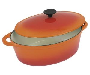 Crealys 501602, grande COCOTTE Grand Chef ovale en fonte émaillée 9 litres - Extérieur orange et intérieur blanc - toutes sources de chaleur y compris induction