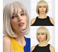 Creamily Perruque blonde courte au carré avec frange, perruque colorée idéale pour Halloween, le cosplay au quotidien et les fêtes, perruque synthétique lisse de 25 cm (10 pouces) pour femmes