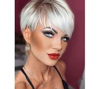 Creamily Perruque blonde courte pour femme - Perruque blonde ombrée - Cheveux synthétiques lisses avec frange - Perruque courte pour femme - Blond platine