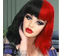 Creamily Perruque Bob bouclée ondulée noire et rouge avec frange perruques courtes bouclées ondulées de couleur noire et rouge pour femmes cheveux synthétiques Bob Halloween Cosplay perruques
