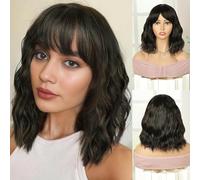 Creamily Perruque courte ondulée brune frange, coupe carré courte noire femme, perruque ondulée frange, synthétique naturel, idéale cosplay, Halloween usage quotidien brune mèches blondes 12 pouces