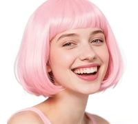 Creamily Perruque courte rose à frange, style carré, idéale pour Halloween, le cosplay au quotidien et les fêtes. Cheveux synthétiques lisses, effet naturel, longueur 25 cm