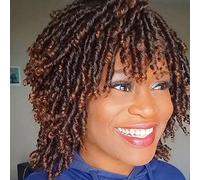 Creamily Perruque Dreadlock tressée pour femmes noires, perruque synthétique courte brune bouclée afro tressée torsadée pour femmes noires (noir à marron)