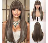 Creamily Perruque longue et lisse brune avec frange, perruque Marron ombrée avec mèches blondes, cheveux synthétiques naturels de 23 pouces de long pour femmes, usage quotidien pour les fêtes