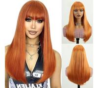 Creamily Perruque Longue Lisse Orange de 55 cm avec Frange Plate, Synthétique, Colorée, Cosplay, Fête, Quotidien, Femme, Naturelle Comme de Vrai Cheveux + Bonnet (Orange)