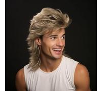 Creamily Perruque mulet, Perruque Blonde Courte Homme, Pop Rock, Joe Dirt pour Homme des Années 70 et 80, Cheveux Synthétiques Naturels et Duveteux, pour Halloween, Cosplay