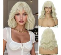 Creamily Perruque synthétique pour femme - Coupe carrée - Couleur pastel - Avec frange - Longueur épaule - 30 cm - Idéale pour cosplay et costumes (blond)