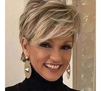 Creamily Perruques blondes courtes pour femme, coupe Pixie avec frange, cheveux synthétiques naturels lisses, perruque courte pour femme, perruque quotidienne, cosplay, fête, blond mélangé marron