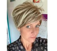Creamily Perruques blondes courtes pour femmes, perruque coupe lutin avec frange, perruques synthétiques en couches naturelles, cheveux courts pour femmes, mélange blond marron