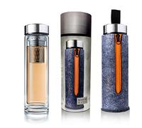 Creano Bouteille à Thé Thermo 400 ml - Teamaker à Double Paroi avec Passoire et Couvercle Inox - Sac en Feutre Élégant + Boîte Cadeau Premium - Idéal Thé Chaud, Froid et Voyage - Couleur Orange
