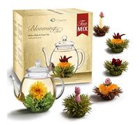 Creano Coffret Cadeau d'Or Fleurs de Thé Mix 6 pcs - Théière en Verre 500ml sans goutte - Thé Blanc, Vert & Noir - Idée Cadeau Femme, Maman, Anniversaire