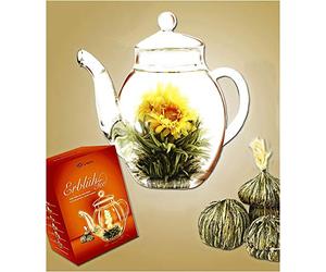 Creano Coffret Cadeau Fleur et Théière en Verre 500ml - 6 Boules de Thé Blanc avec Fleur - Ensemble Théière et Boules de Thé Fleuri - Taille: Hauteur 14 cm, Diamètre env. 10 cm