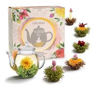 Creano Coffret Cadeau Fleurs de Thé - FLOWER DESIGN - Thé à Fleurs avec Théière en Verre - 6 variétés de thés blancs, verts et noirs - Cadeau pour femmes