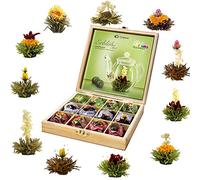 Creano Coffret Cadeau Fleurs de Thé Mix 12 pcs - Boîte en Bois avec 3 Thés (Blanc, Vert, Noir) - 11 Variétés différentes - Idée Cadeau Durable et Chic