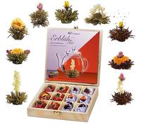 Creano Coffret Cadeau Fleurs de Thé Mix 12 pcs - Boîte en Bois avec 9 Variétés de Thé Noir & Blanc - différentes fleurs - Idée Cadeau Durable et Chic