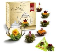 Creano Coffret d'Or Fleurs de Thé Mix 6 pcs + 1 Teelini Bonus (Portion de Tasse) - Théière en Verre 500ml sans goutte - Thé Blanc, Vert & Noir - Idée Cadeau Chic