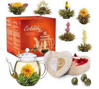 Creano® Coffret Fleur de Thé 6 pcs Boîte Cœur - Théière en Verre 500ml | 6 variétés de thé blanc - Spectacle visuel & Idée cadeau femme - Thé en Fleurs