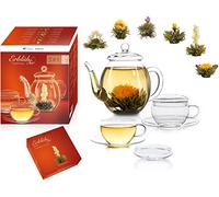 Creano - Coffret Fleur de Thé 6 pcs + Théière verre 500 ml sans goutte + 2 Tasses de thé 200 ml soufflées à la bouche - 6 variétés de thé blanc, idée cadeau - Thé en Fleurs