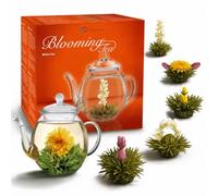 Creano® Coffret „Thé en Floraison“ 6 thés de fleurs -Théière en verre 500ml | 6 variétés de thé blanc - Idée cadeau exceptionnelle - Verre borosilicate sans goutte