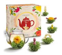 Creano Coffret Thé en Floraison - FLOWER DESIGN - Théière en Verre 500ml & 6 Fleurs de Thé Blanc - Qualité First Flush (Première Récolte) - Nouveau Design Floral - Cadeau de Luxe