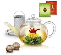 Creano Ensemble composé d'une théière en verre de 1,2 l avec fleurs de thé Fleurs de thé - Théière avec filtre en acier inoxydable et couvercle en verre - Coffret cadeau