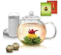 Creano Ensemble composé d'une théière en verre de 1,3 l avec fleurs de thé Fleurs de thé - Théière avec filtre en acier inoxydable et couvercle en verre - Coffret cadeau