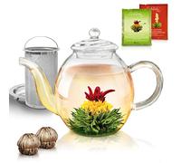Creano Ensemble composé d'une théière en verre de 1 l avec fleurs de thé Fleurs de thé - Théière avec filtre en acier inoxydable et couvercle en verre - Coffret cadeau