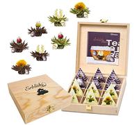 Creano Fleur de Thé Coffret Cadeau dans une Boîte à Thé en Bois | 12 Thés Fleuris dans 8 Sortes (Thé blanc et Thé noir)
