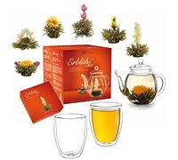 Creano Fleurs de thé - Coffret Cadeau Fleurs de thé avec Pot en Verre & 2x Verres Thermo 250ml - Thé Blanc (en 6 Variétés)