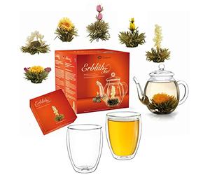 Creano Fleurs de thé - Coffret Cadeau Fleurs de thé avec Pot en Verre & 2x Verres Thermo 250ml - Thé Blanc (en 6 Variétés)