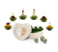 Creano „Fleurs de Thé“ Verts 6 pcs - Coffret en Bois en Forme de Cœur - 6 variétés de thé vert aromatisé - Idée cadeau romantique