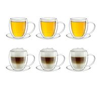 Creano Lot de 6 Tasses à Thé Double Paroi 250ml avec Soucoupes - Grand Set de Service Thermique Bombé en Verre Borosilicate - Idéal pour Gastronomie & Famille
